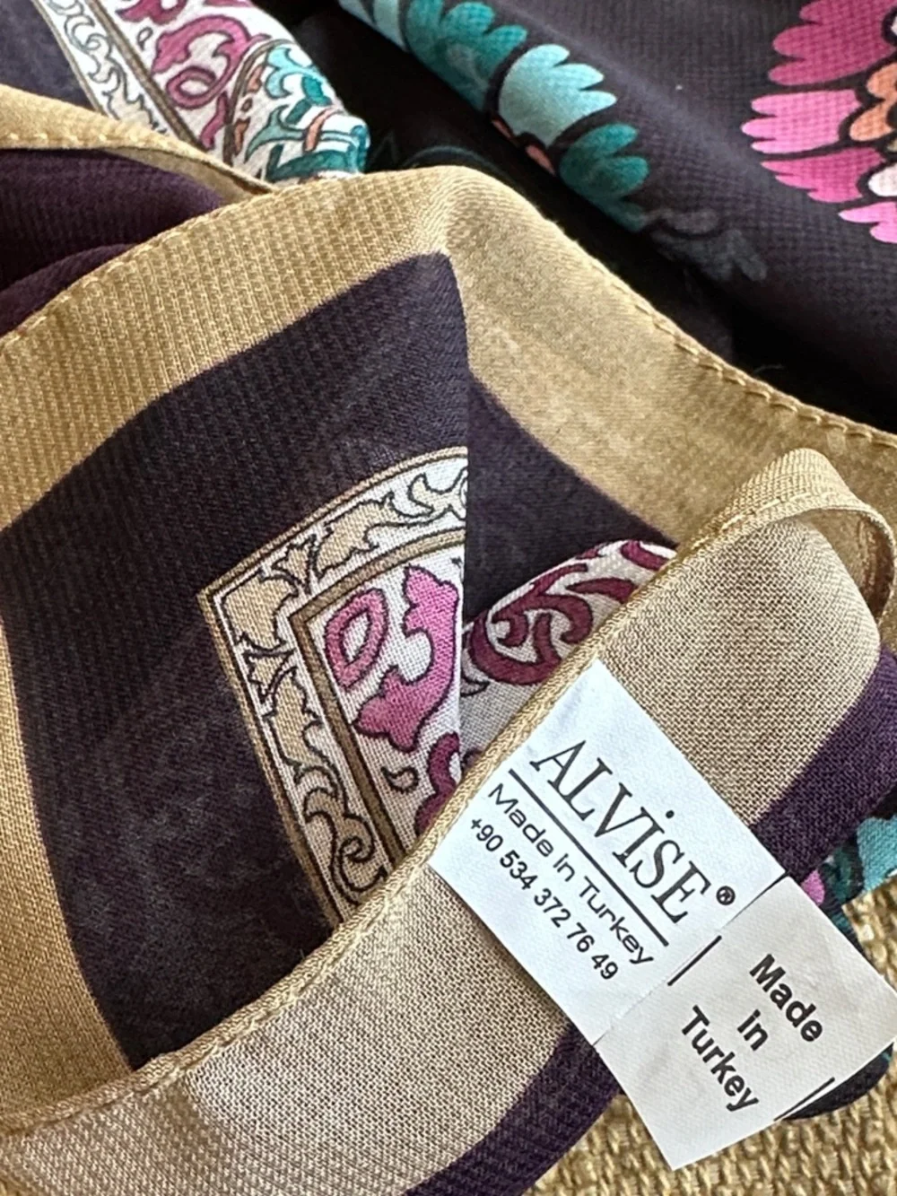 Eggplant Plum Scarf Floral Beige Border Teal Pink Lightweight Wrap by Alvise
